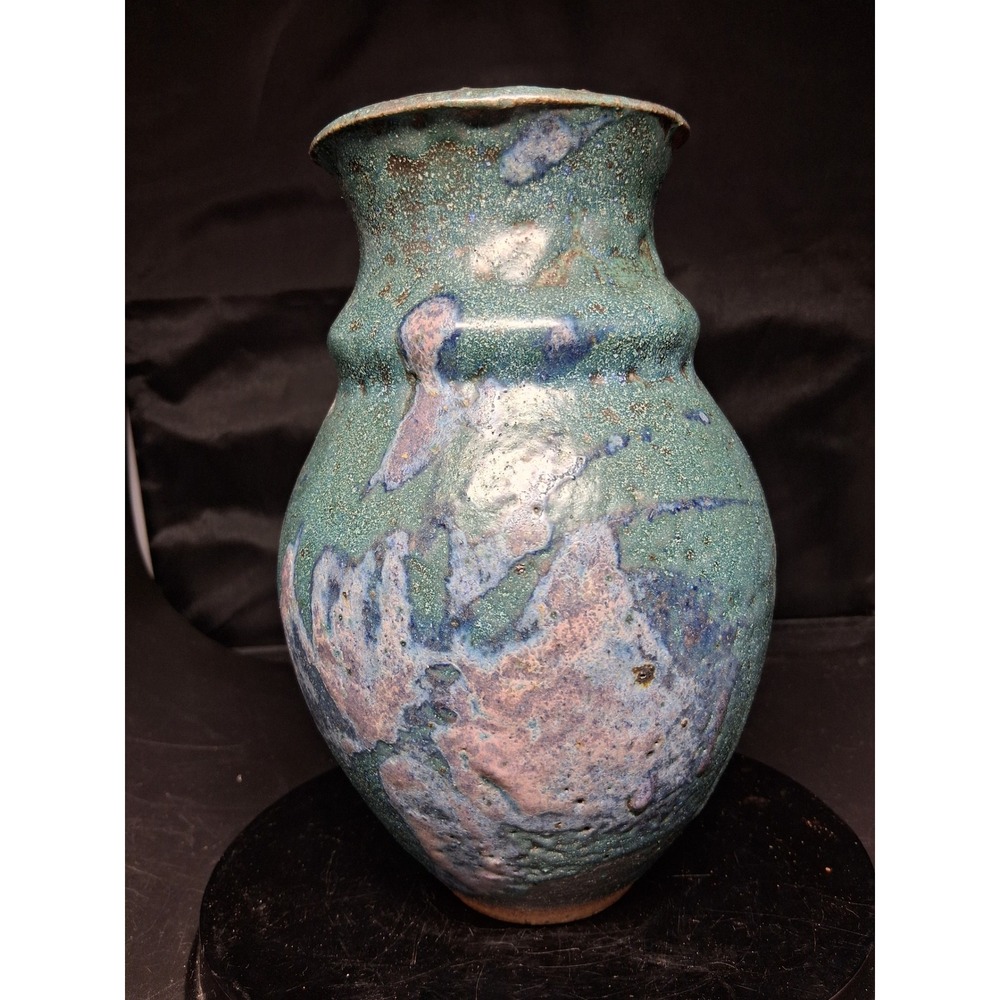 Kai Signed Studio Pottery‎ Vase Teal Blue Lavender Glazed Ceramic Artisan Vessel